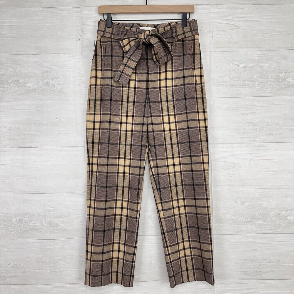 Aritzia Wilfred Tie Front High Waisted Pants‎ Trousers Women 6 Plaid Brown NWT